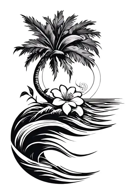 Sun With Waves And Palm With An Orange Blossom