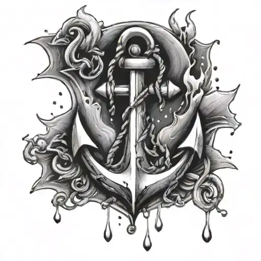 Anchor With Fire Sparks And Water Droplets Around Anchor