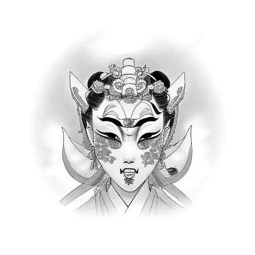 A New Traditional Japanese Geisha Adorned With A Half Hannya Mask