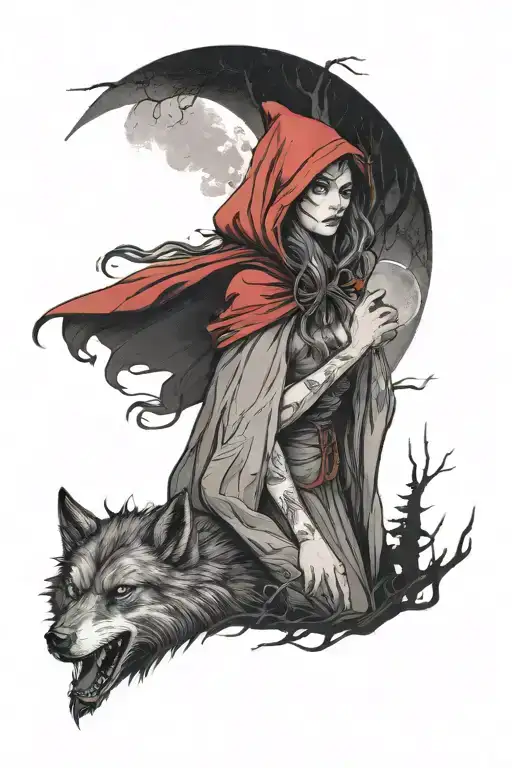 Little Red Riding Hood And Evil Wolf In A Dark Forest With Moon