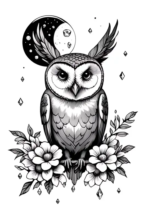 Barn Owl With Flowers And Crystals And Moon
