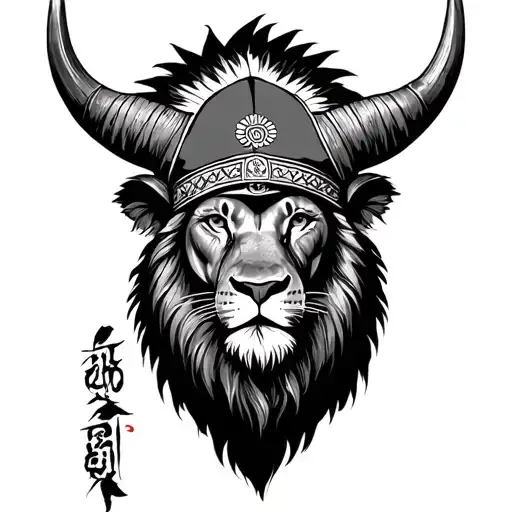 Lion With An Indian Cap With Bison Horns