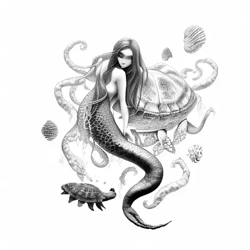 Dark Mermaid With A Turtle And Jellyfish
