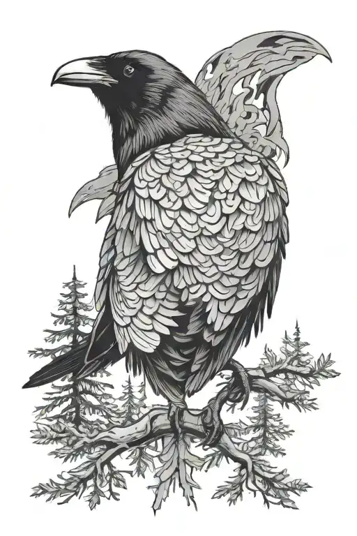 Raven Against The Background Of A Coniferous Forest