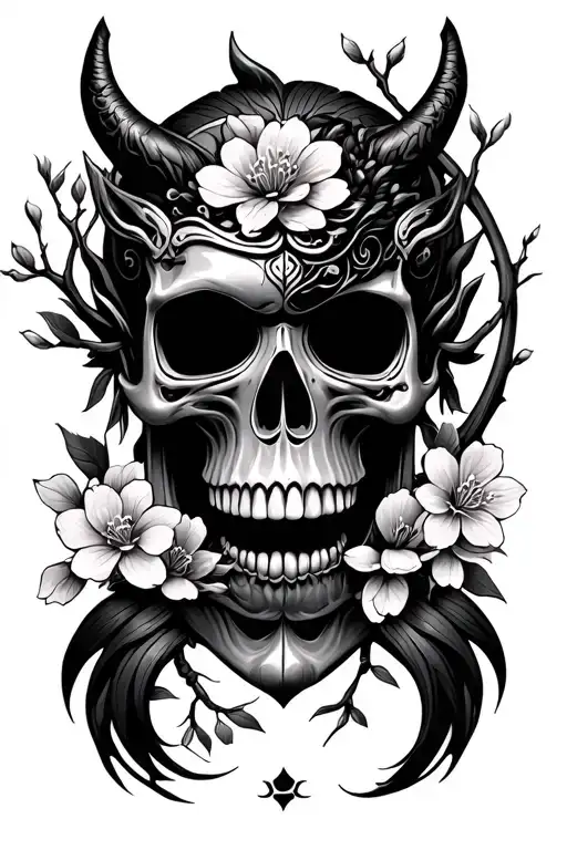 Skull Wearing Half Oni Mask Surrounded By Cherry Blossoms