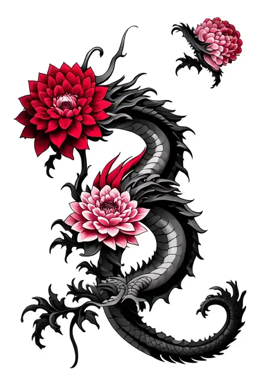 Dragon Wrapped Around Dahlia Flower Intertwined Red And Pink Detailing