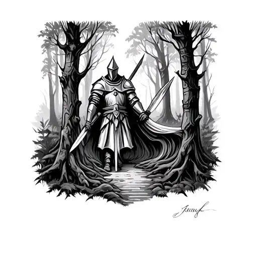 Templar Knight Facing Evil Path In Forest Scene