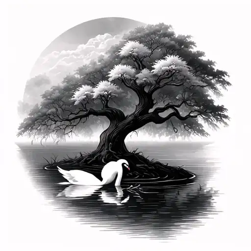 Willow Tree And Swan And Pond