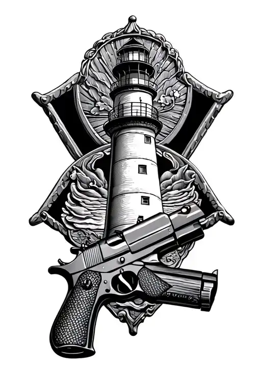 Gun And Lighthouse And Police Badge