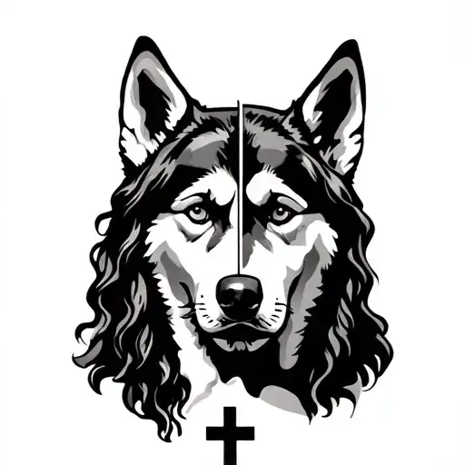 Half Of Jesus Face With Half Of A Husky's Face With 3 Crosses At The Bottom