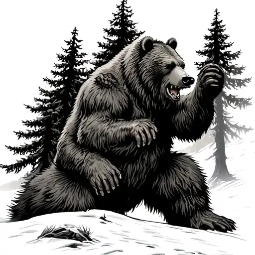 Bigfoot Fighting A Grizzly Bear In A Forest Of Conifer Trees