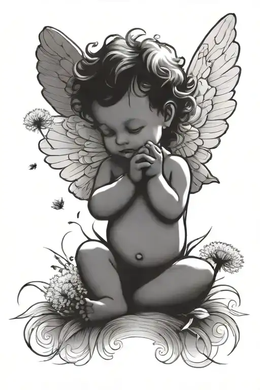 Cute Cherub Holding A Dandelion Flower