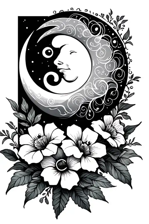 Crescent Moon With Flowers Under Lower Left Side