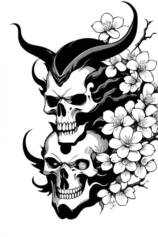 Oni Mask Over Half Skull Surrounded By Cherry Blossoms