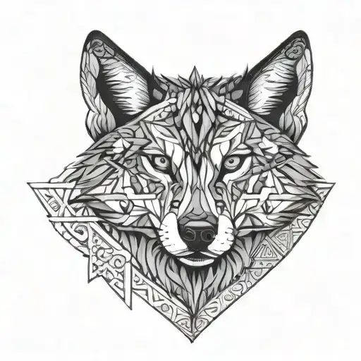 An Intricate Black And Grey Tattoo Of A Wolf Surrounded By Intricate Geometric Patterns