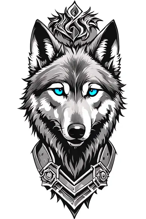 Wolf With Blue Eyes Looking Up On Armor Tattoo Design Featuring Goth