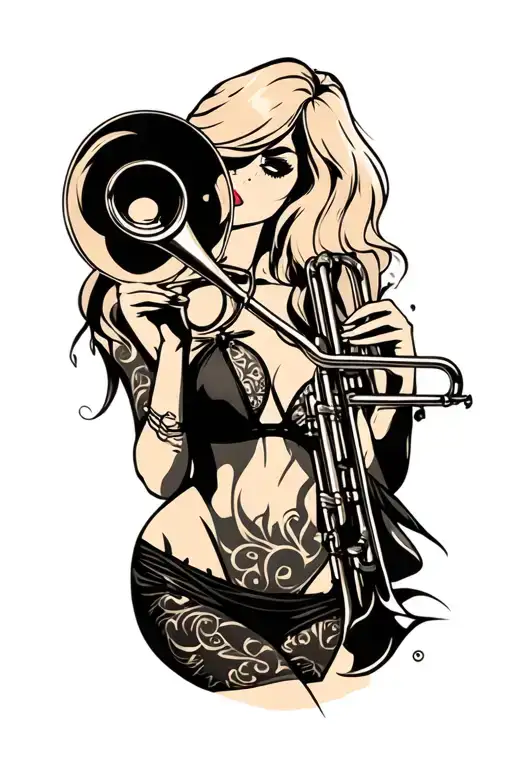 Sexy Blonde Female Trumpet Player In Bikini