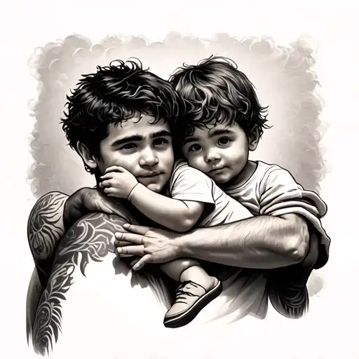 Man Holding His Young Son On The Shoulder And Upper