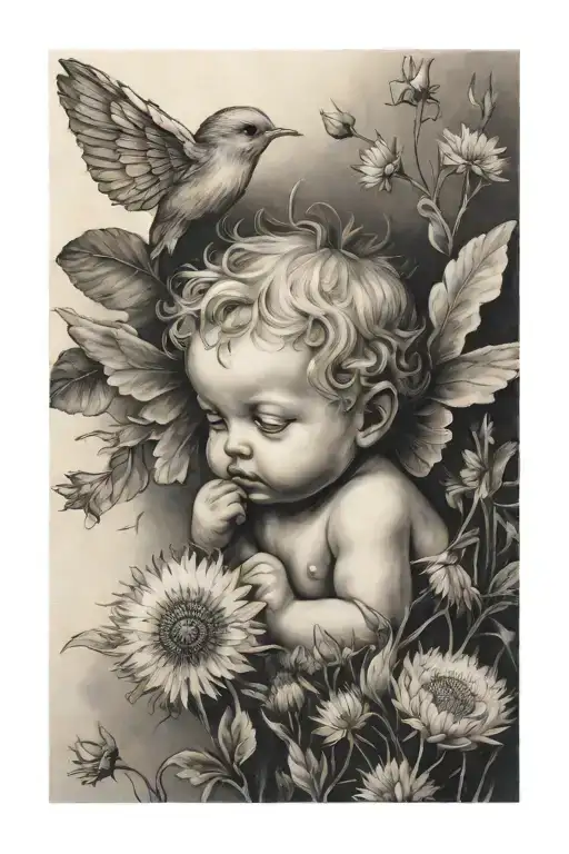 Cherub Tattoo With Dandelion
