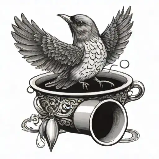 A Small Bird Sipping From A Coffee Cup With Wind Chimes In The Background
