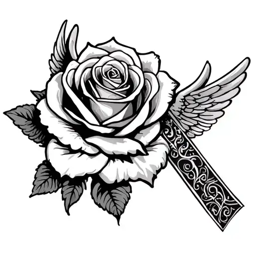 Angel Wings Rose Intertwined With A Cross