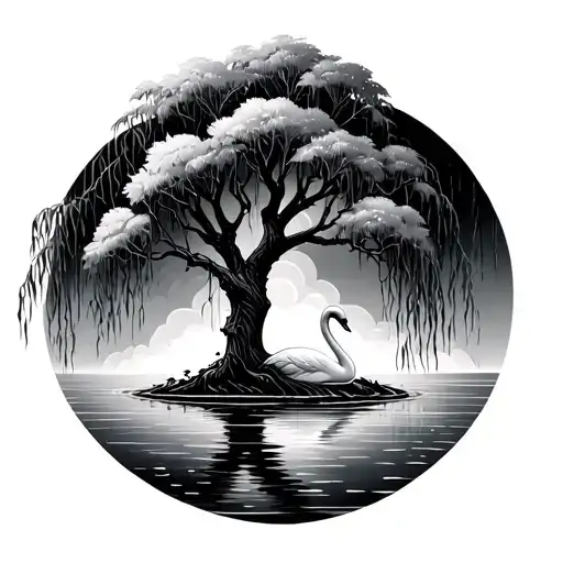 Willow Tree And Swan And Pond