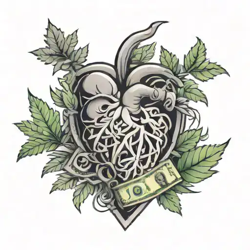 A Black-grey Tattoo Of A Heart Made Of Money With Weed Leaves Intertwined