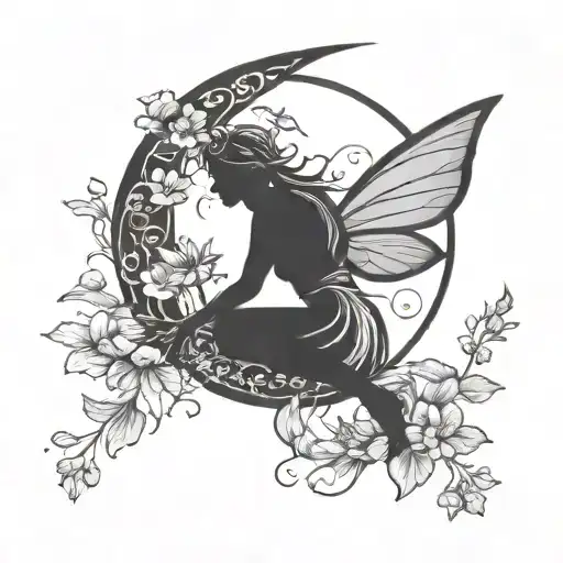 Silhouette Of A Fairy On A Crescent Moon With Water Lillies And Violets Simple Tattoo Matching