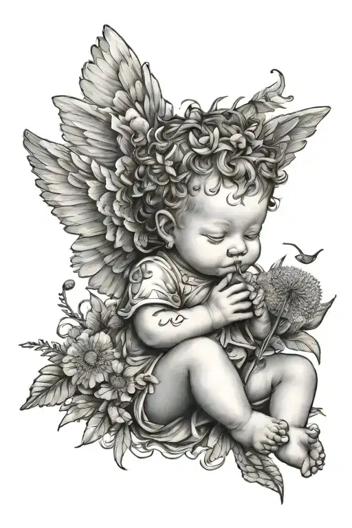 Cute Baby Cherub Holding A Dandelion Flower And Sitting In A Field Of Flowers