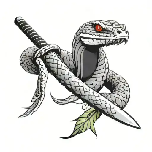 Snake Bleeding While Wrapped Tightly Around A Samurai Sword