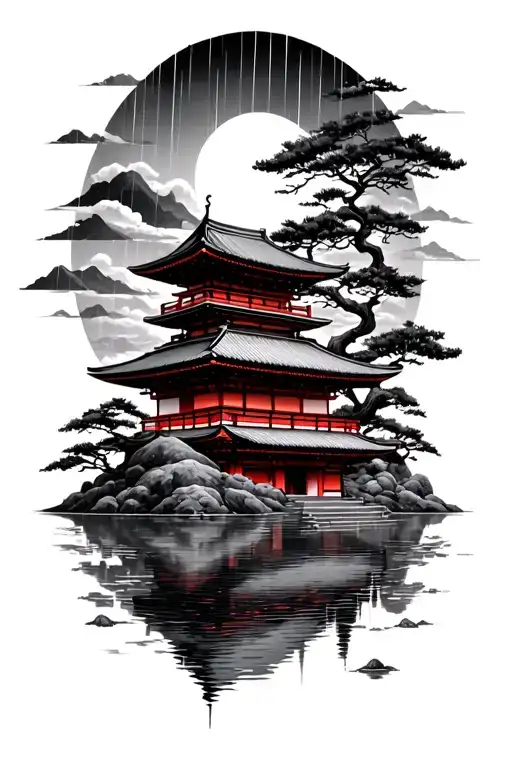 Japanese Temple Surrounded By Rain