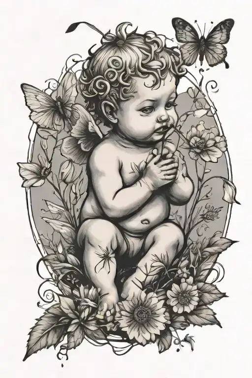 Cute Baby Cherub Holding A Dandelion Flower And Sitting In A Field Of Flowers