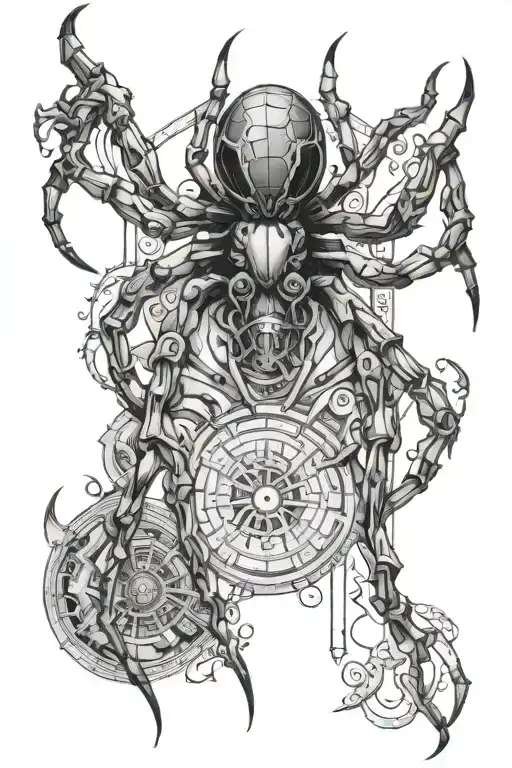 Create A Tattoo Design That Blends Greek Mythology With Computer Electronics And Spider Imagery