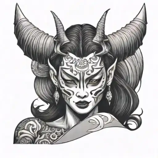 Japanese Woman With Japanese Demon Mask