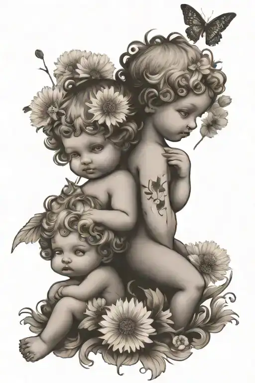 Cute Cherubs Holding A Dandelion Flower