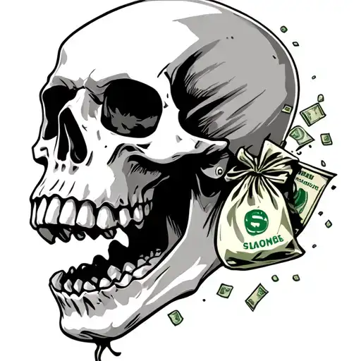 Skull With Mouth Jaw Falling Off And Money Bag In The Skulls Mouth