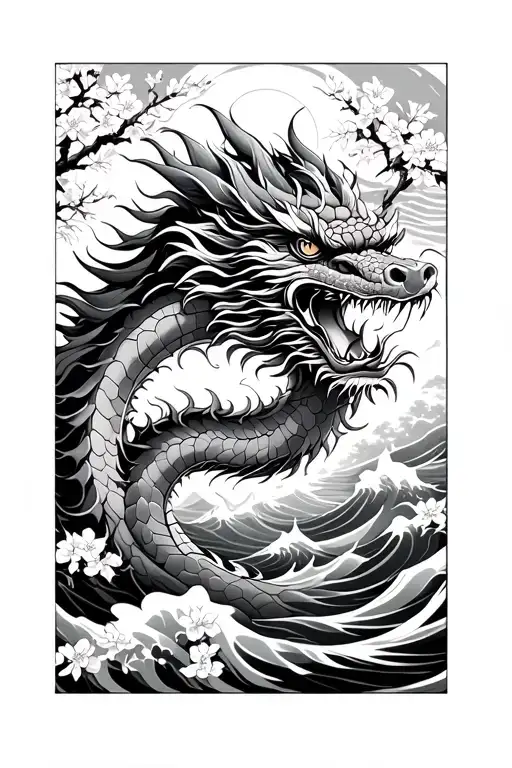 Chinese Dragon With Waves Crashing In The Background With Cherry Blossoms Blooming