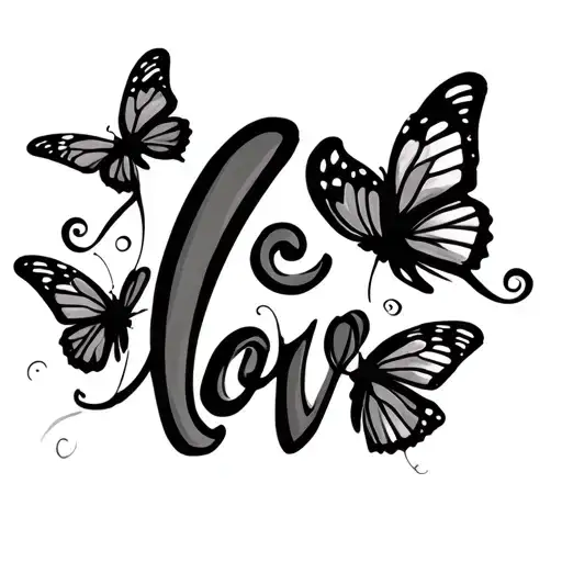 The Word Love Small In Script With Butterflies Coming Of The End Of The E