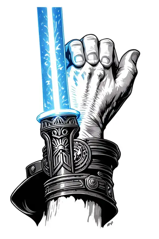 Kylo Ren's Lightsaber On Thumb With The Symbol Of The Empire