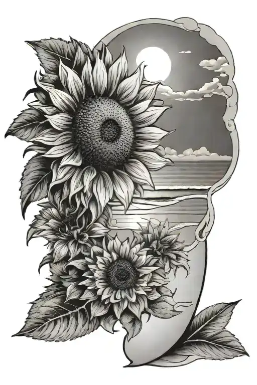 Beach Scene With Sun Overhead And A Sunflower In The Sand