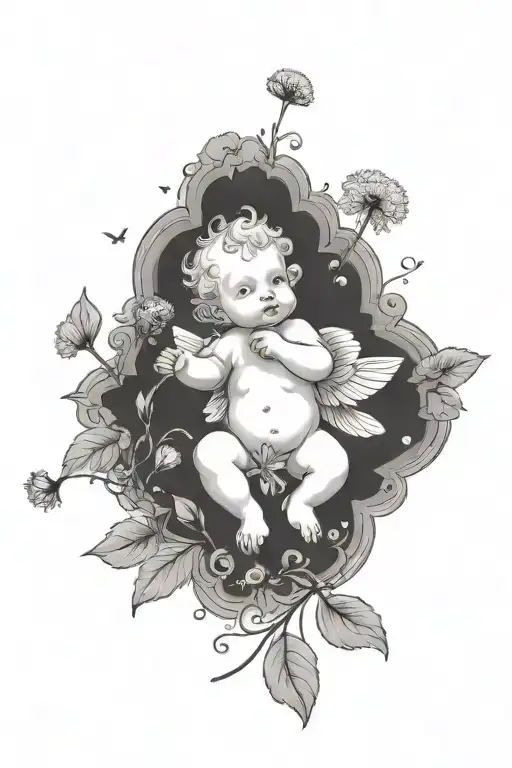 Cute Cherub Holding A Dandelion Flower In A Field Of Flowers