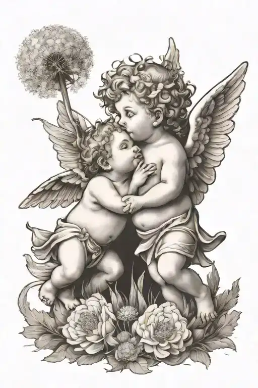 Cherubs Holding A Dandelion Flower