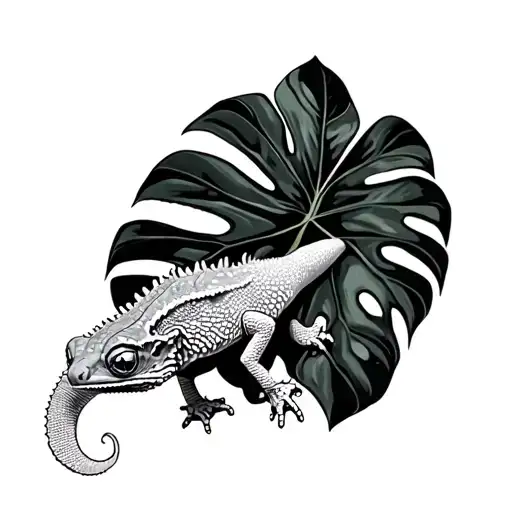 Monstera Leaf With Crested Gecko