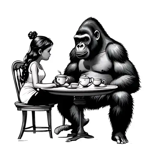 Gorilla Having Tea Party With Girl Sitting