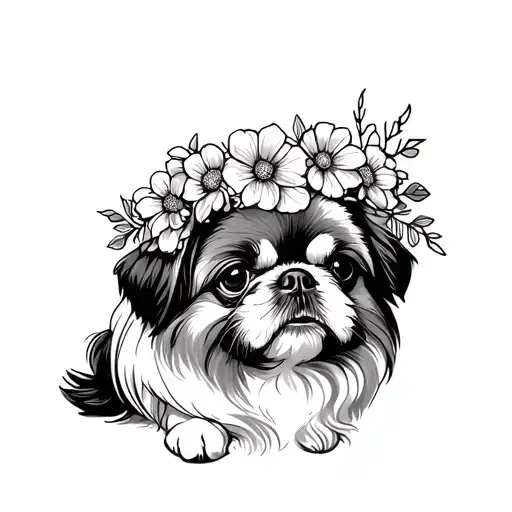 Pekingese Dog With Flower Crown Surrounded