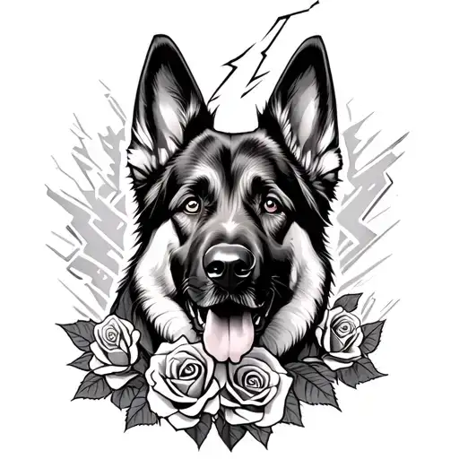 German Shepherd Face And Roses And Thunder And Lightning