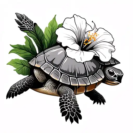 See Turtle With Hibiscus Flower