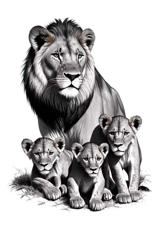 Lioness And Two Babies One Male And A Female