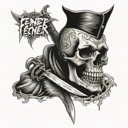 A Skull With A Knife In His Mouth With Words Fener Written In His Foreheas