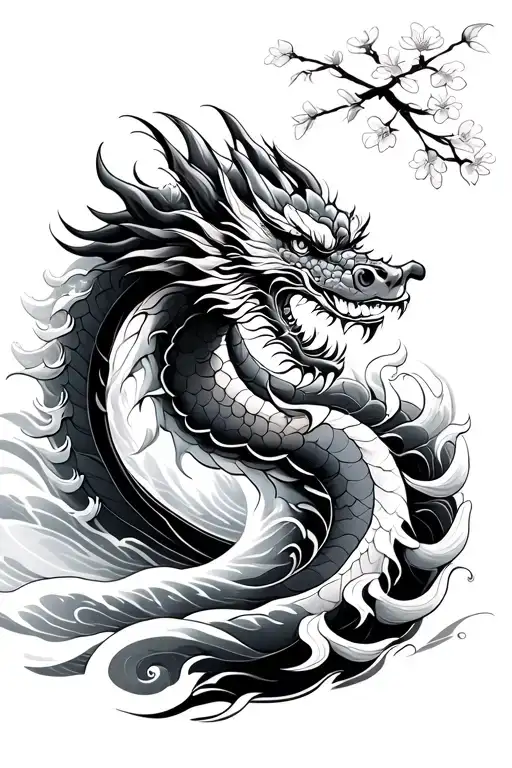 Chinese Dragon With Waves Crashing In The Background With Cherry Blossoms Blooming